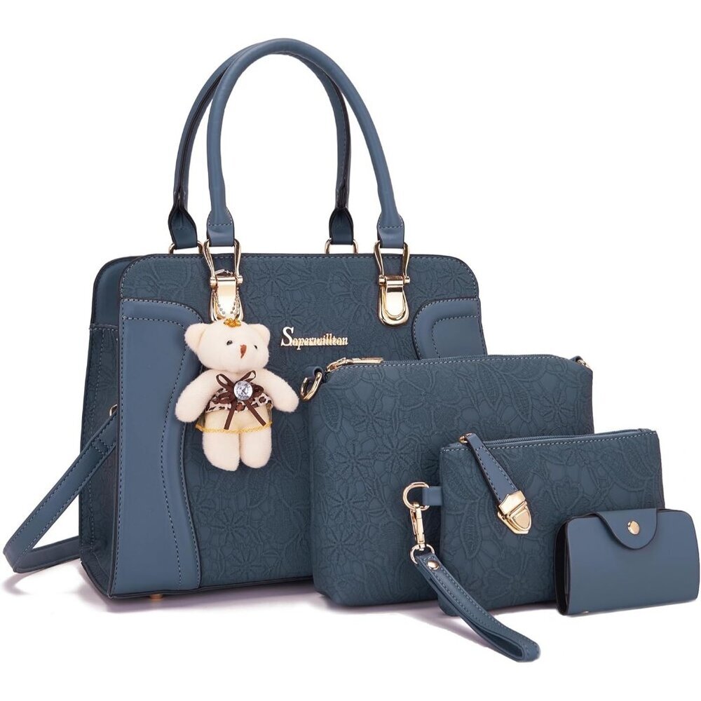 Women's Dark Blue Faux Leather Top Handle High Quality Smooth Zippers Tote Bag - Picture 1 of 7